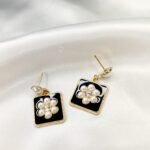 Square Flower Pearl Long Ear studs Trendy
