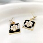 Square Flower Pearl Long Ear studs Trendy - Image 2