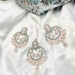 Pink and silver crystal Beads zircon Jhumki and tikka - Image 2