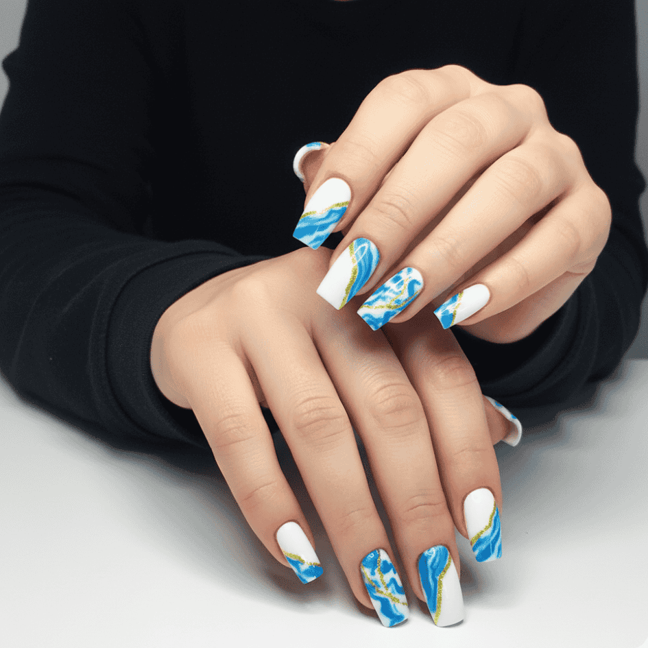 450 (14) reusable marble glitter blue 12 pcs nails set - Image 1