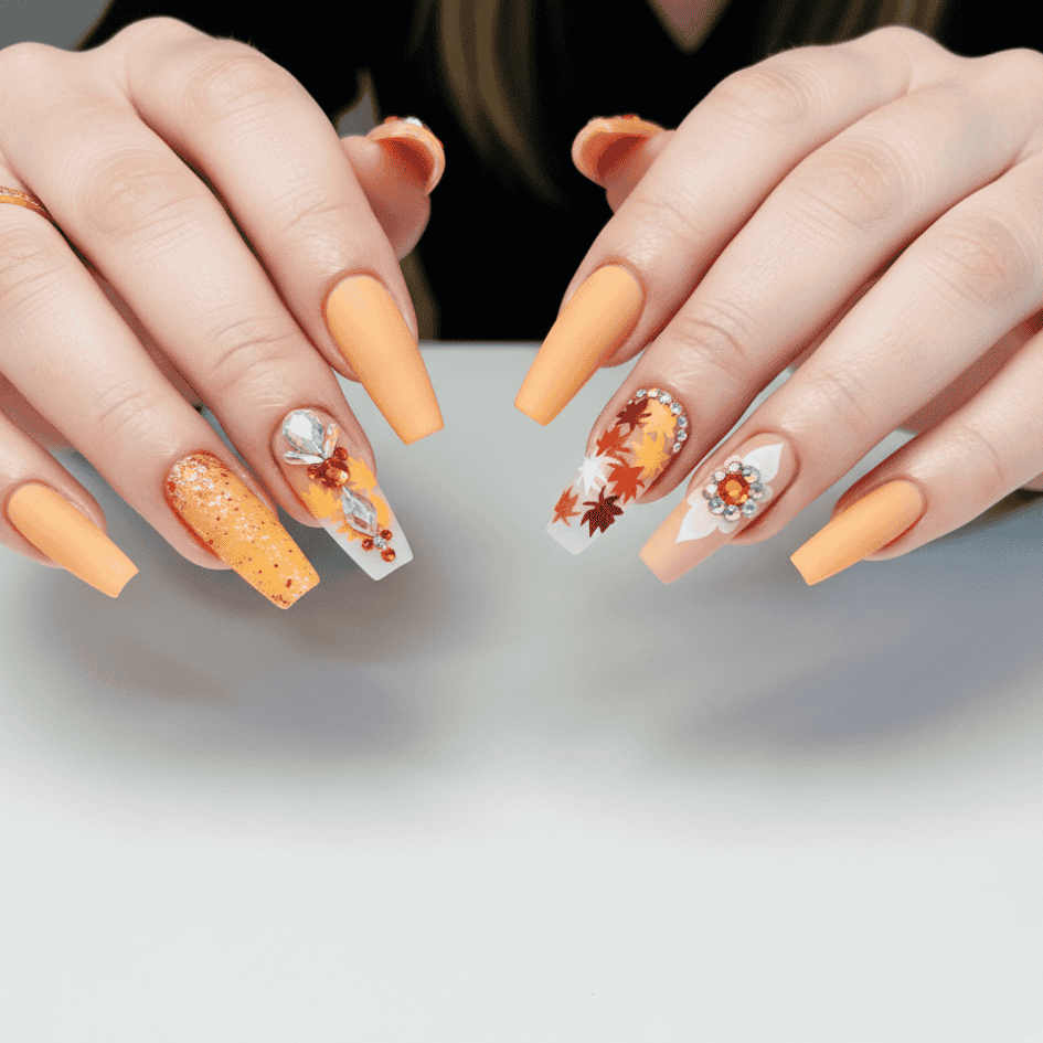 450 (24) reusable orange ombvre crystal beaded 12 pcs coffin nails set - Image 1