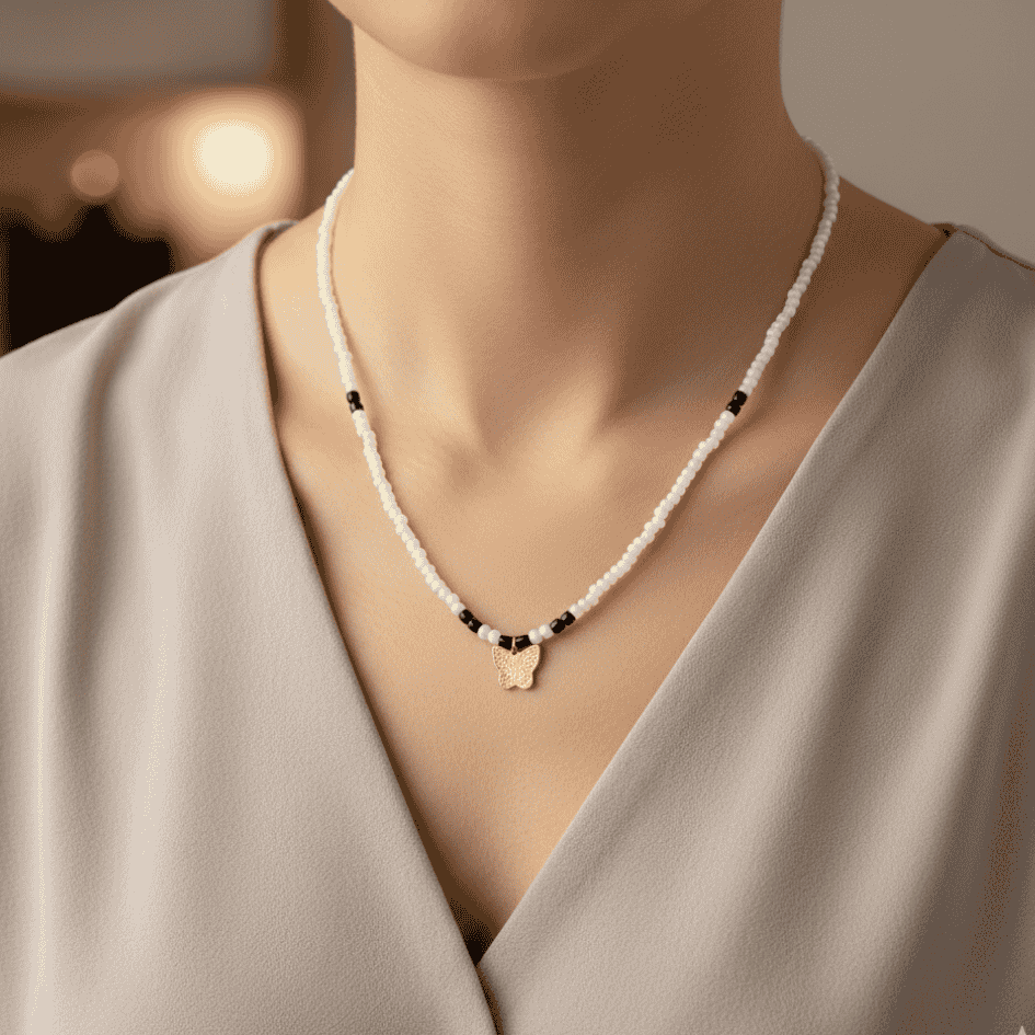 450 (38) beaded butterfly necklace white - Image 1