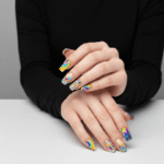 multi rainbow printed nails coffin set