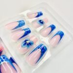 3D blue water flower french tip gel nails 12 pcs nails set - Image 4