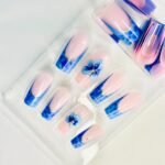 3D blue water flower french tip gel nails 12 pcs nails set - Image 2
